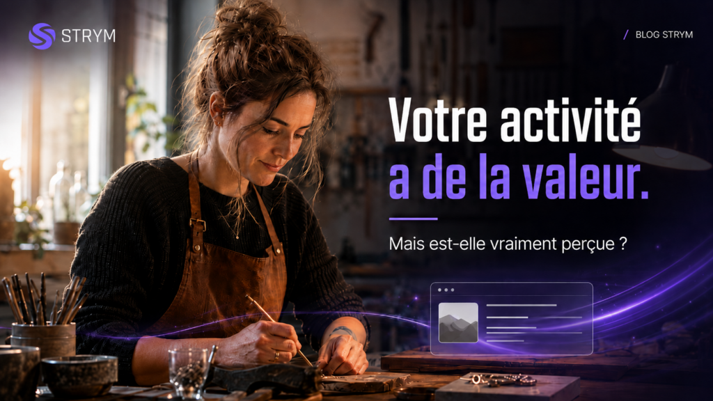 Une artisane dans son atelier utilisant un ordinateur, symbolisant une activité de qualité rendue visible grâce à une présence digitale claire et cohérente.