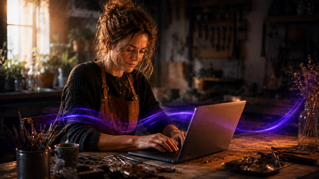 Une artisane travaillant sur ordinateur dans son atelier, entourée de ses outils, pour illustrer le passage d’une activité réelle vers une présence digitale plus visible.